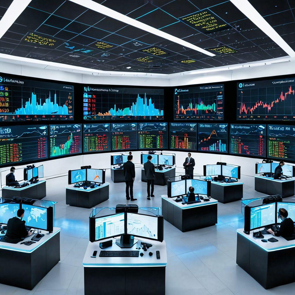 An insightful scene of a futuristic trading floor with holographic screens displaying stock charts and graphs. A diverse group of traders is engaged, using advanced tools like VR headsets and AI assistants. The backdrop includes a city skyline with digital currency symbols floating in the sky. vibrant colors. super-realistic. white background.