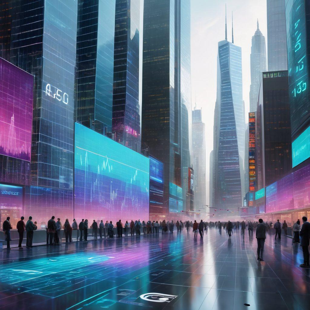 A futuristic cityscape with skyscrapers and digital stock tickers scrolling across buildings, traders analyzing holographic charts, and graphs with fluctuating market trends. A blend of bull and bear symbols integrated within the scene, representing market dynamics. super-realistic. vibrant colors. white background.